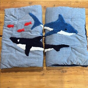 POTTERN BARN KIDS *Standard Sham* Set/2 Shark 3D Pillow Covers Blue Quilted Ties